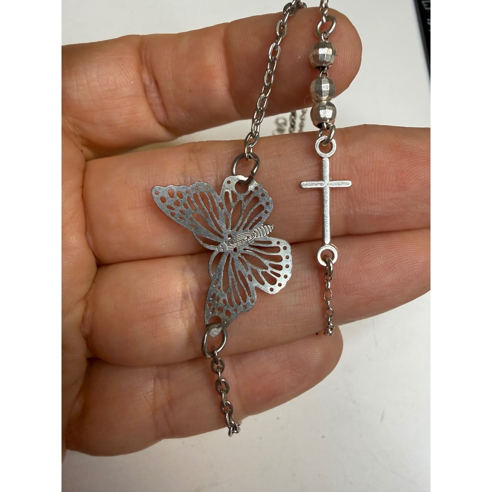 Silver Tone Butterfly and Cross Chain Bracelet Set 2 Piece Adjustable Jewelry